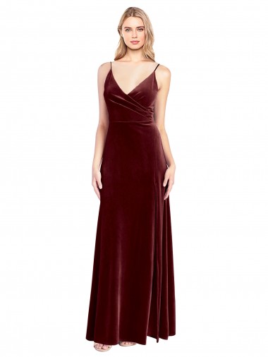 V-Neck Stretch Velvet Burgundy Long A-Line Prom Dress Canada Shop