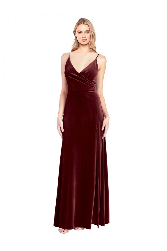 V-Neck Stretch Velvet Burgundy Long A-Line Prom Dress Canada Shop