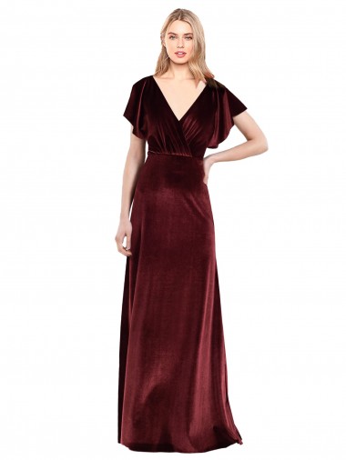 V-Back V-Neck Stretch Velvet Burgundy Flutter Sleeves Long Prom Dress Canada Shop