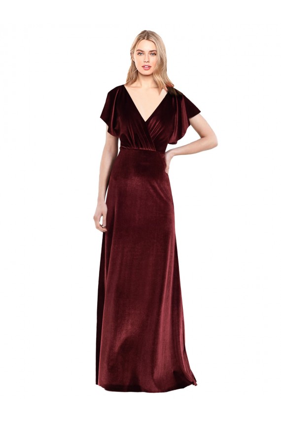 V-Back V-Neck Stretch Velvet Burgundy Flutter Sleeves Long Prom Dress Canada Shop