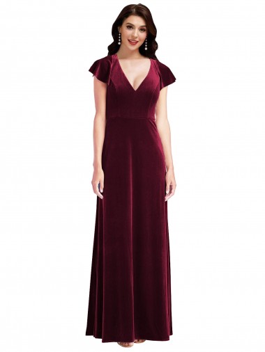 V-Neck Stretch Velvet Burgundy Flutter Sleeves Long Prom Dress Canada Shop