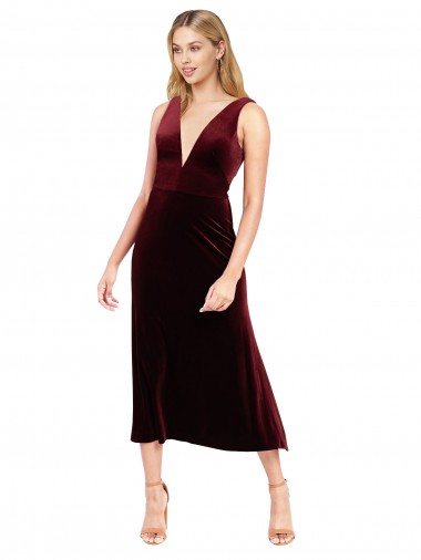 V-Back V-Neck Stretch Velvet Burgundy Midi Length Prom Dress Canada Shop