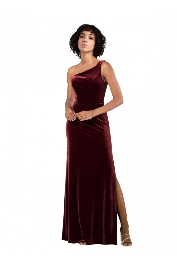 One Shoulder Stretch Velvet Burgundy Long Sexy Prom Dress Canada Shop