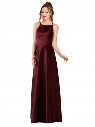 Halter Neck Satin Burgundy Gold Long Prom Dress Canada Shop