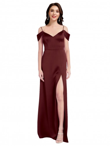 Off the Shoulder Stretch Satin Burgundy Gold Long Prom Dress Canada Shop