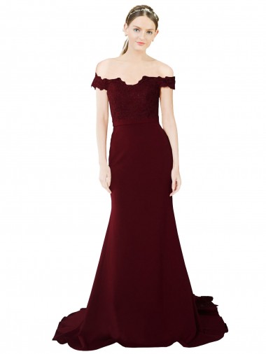 V-Back Off the Shoulder Stretch Crepe & Lace Burgundy Gold Sweep Train Prom Dress Canada Shop