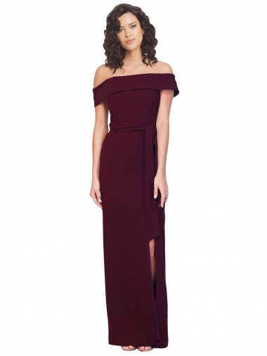 Low Back Off the Shoulder Stretch Crepe Burgundy Gold Long Prom Dress Canada Shop