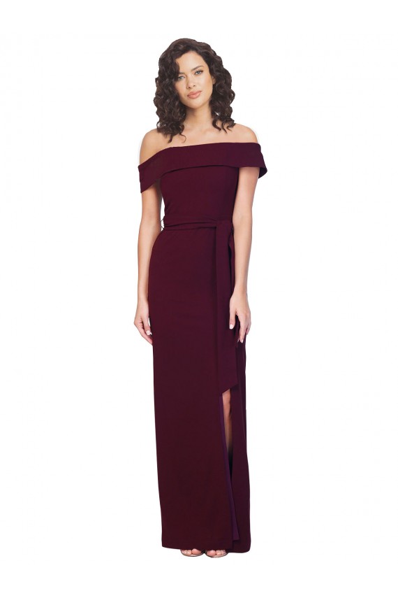 Low Back Off the Shoulder Stretch Crepe Burgundy Gold Long Prom Dress Canada Shop
