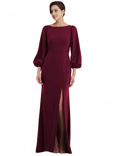 Open Back Bateau Neck Stretch Crepe Burgundy Gold Long Sleeves Long Prom Dress Canada Shop