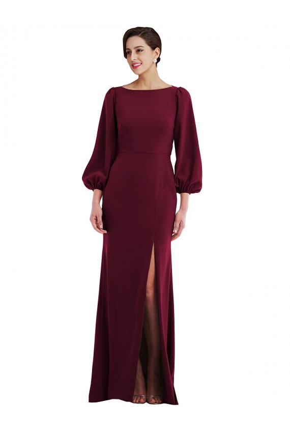 Open Back Bateau Neck Stretch Crepe Burgundy Gold Long Sleeves Long Prom Dress Canada Shop