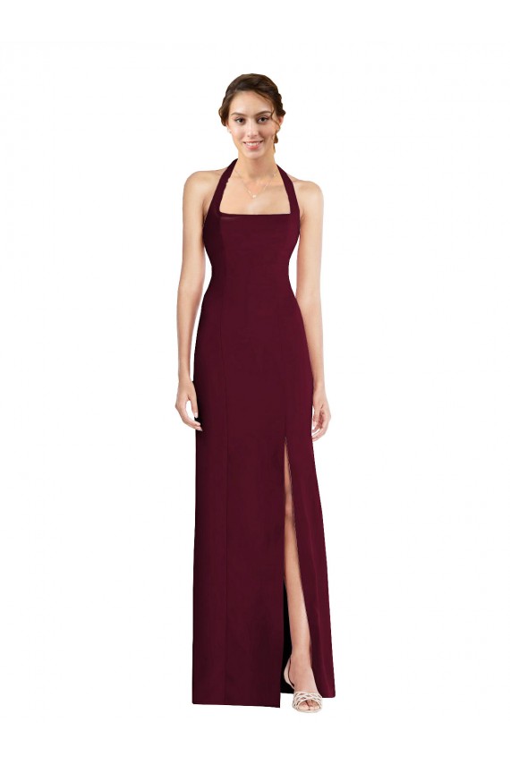 Halter Neck Stretch Crepe Burgundy Gold Long Trumpet Prom Dress Canada Shop