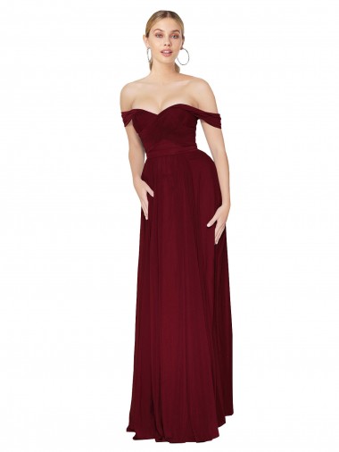 Off the Shoulder Soft Chiffon Burgundy Long Bridal Party Dress Canada Shop