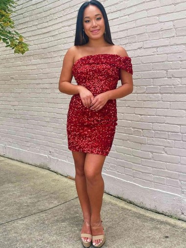 One Shoulder Velvet Sequin Burgundy Short Homecoming Dress / Prom Dress Canada Shop