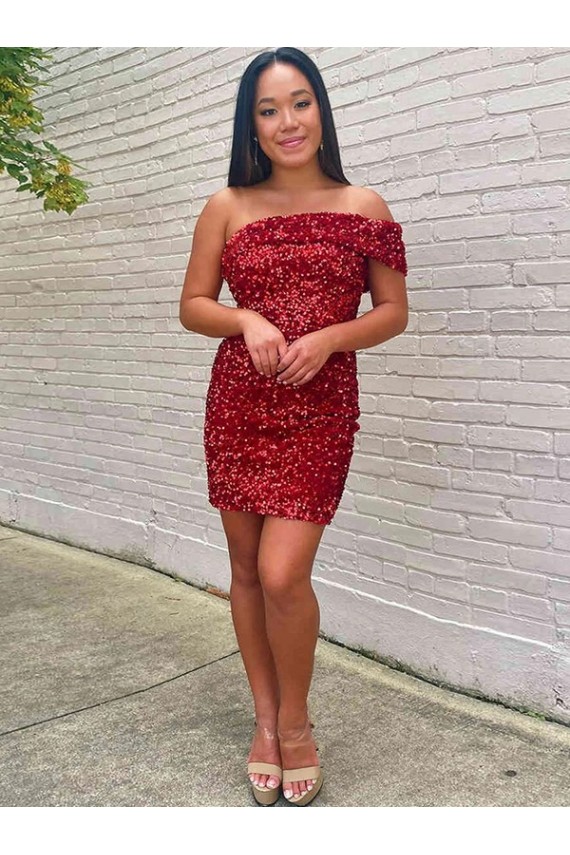 One Shoulder Velvet Sequin Burgundy Short Homecoming Dress / Prom Dress Canada Shop