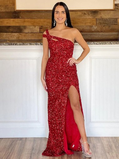One Shoulder Velvet Sequin Burgundy Sweep Train Prom Dress Canada Shop