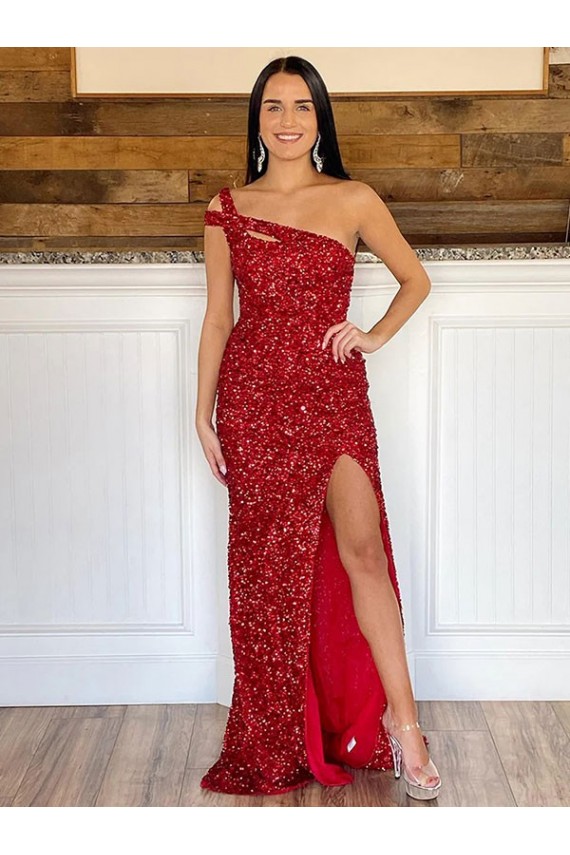 One Shoulder Velvet Sequin Burgundy Sweep Train Prom Dress Canada Shop