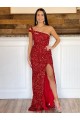 One Shoulder Velvet Sequin Burgundy Sweep Train Prom Dress Canada Shop