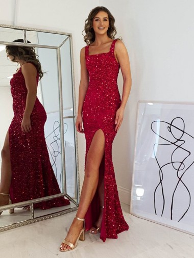 Square Neck Velvet Sequin Burgundy Long Prom Dress Canada Shop