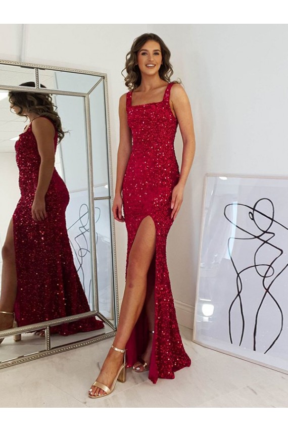 Square Neck Velvet Sequin Burgundy Long Prom Dress Canada Shop