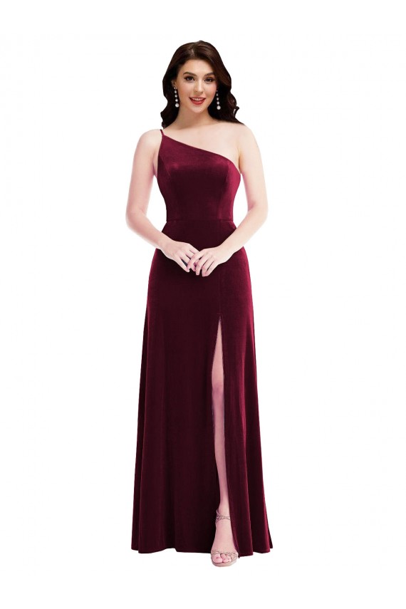 One Shoulder Stretch Velvet Burgundy Long Prom Dress Canada Shop