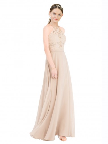 Keyhole Back Halter Neck Soft Chiffon & Lace Champagne Long Prom Dress Canada Shop