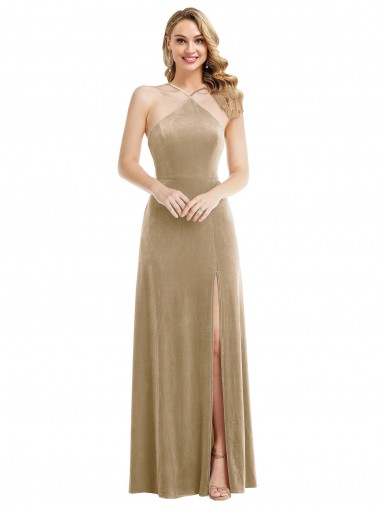 Open Back Halter Neck Stretch Velvet Champagne Long Prom Dress Canada Shop