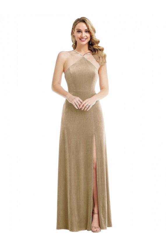 Open Back Halter Neck Stretch Velvet Champagne Long Prom Dress Canada Shop