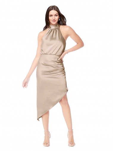 Halter Neck Silky Satin Champagne Pink Midi Length Prom Dress Canada Shop
