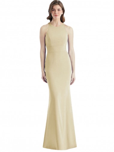 Open Back Bateau Neck Stretch Crepe Champagne Long Prom Dress Canada Shop