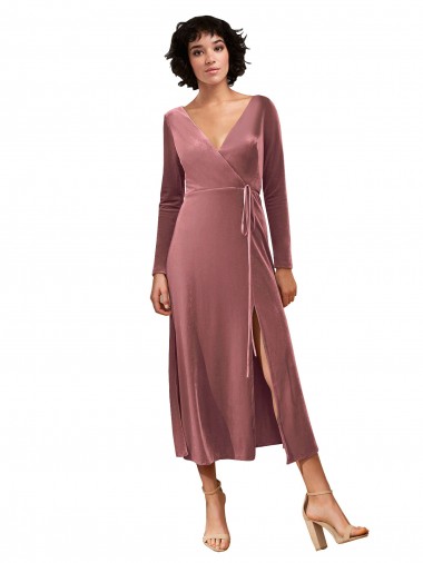 V-Neck Stretch Velvet Cinnamon Rose Midi Length Prom Dress Canada Shop
