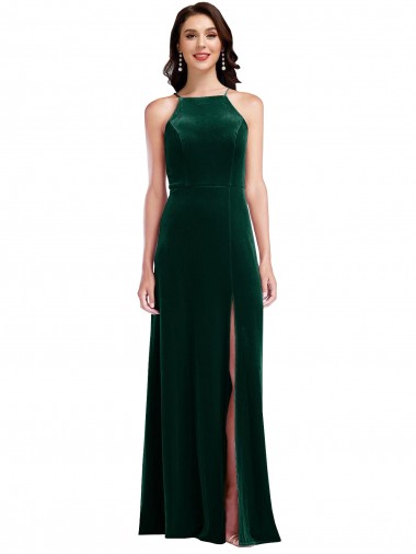 Halter Neck Stretch Velvet Dark Green Long Prom Dress Canada Shop