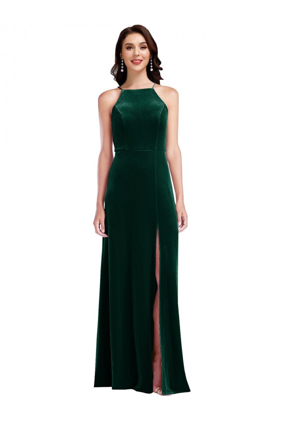 Halter Neck Stretch Velvet Dark Green Long Prom Dress Canada Shop