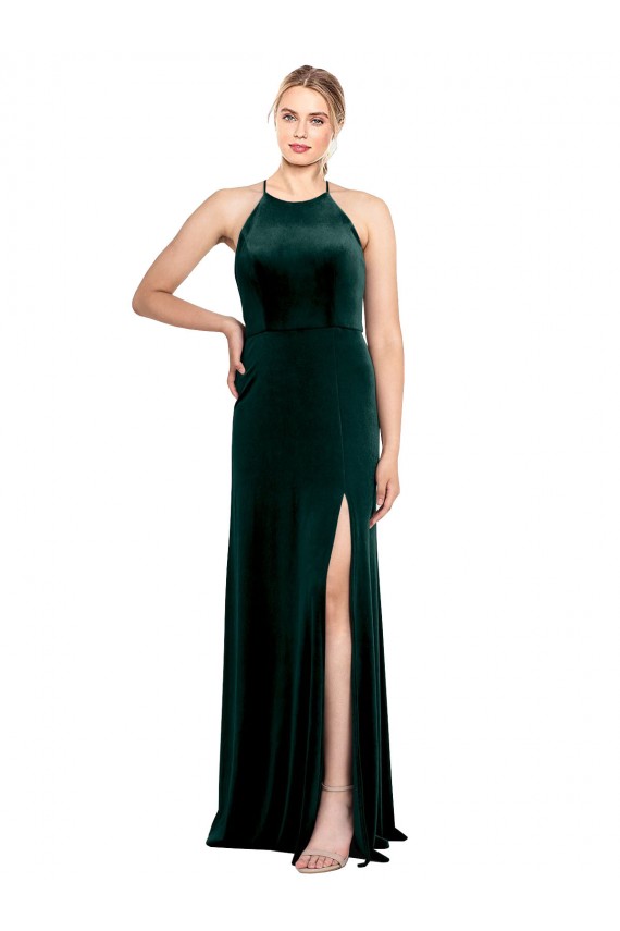 Keyhole Back Spaghetti Straps Stretch Velvet Dark Green Long Sexy Prom Dress Canada Shop