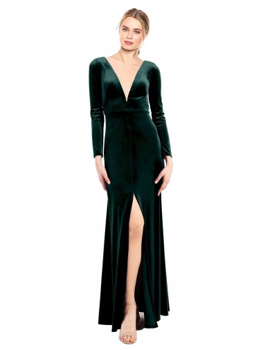 Open Back V-Neck Stretch Velvet Dark Green Long Prom Dress Canada Shop