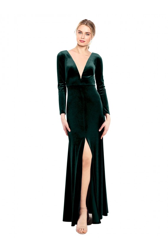 Open Back V-Neck Stretch Velvet Dark Green Long Prom Dress Canada Shop