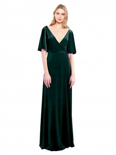V-Back V-Neck Stretch Velvet Dark Green Flutter Sleeves Long Prom Dress Canada Shop