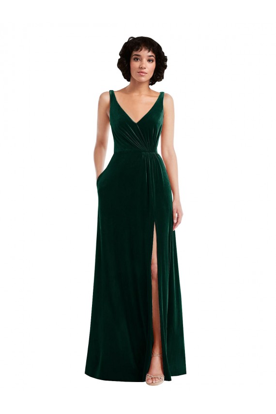 V-Neck Stretch Velvet Dark Green V-Back A-Line Prom Dress Canada Shop