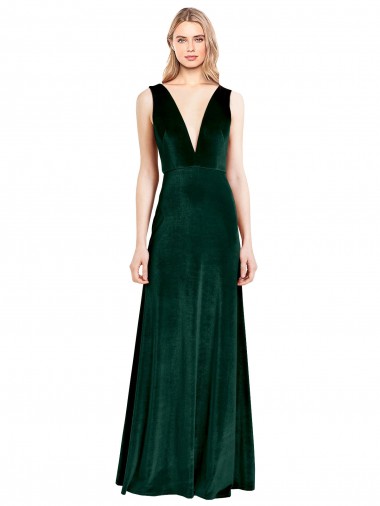 V-Neck Stretch Velvet Dark Green Long A-Line Prom Dress Canada Shop