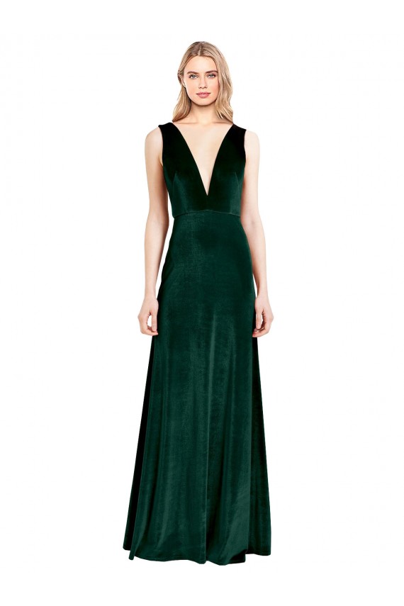 V-Neck Stretch Velvet Dark Green Long A-Line Prom Dress Canada Shop