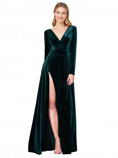 V-Neck Stretch Velvet Dark Green Sweep Train Prom Dress Canada Shop