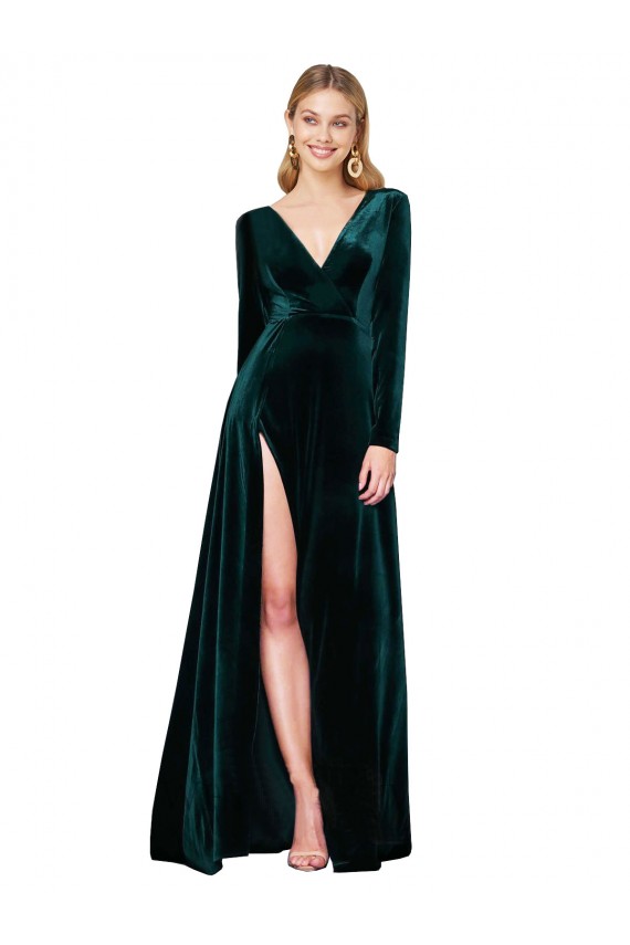 V-Neck Stretch Velvet Dark Green Sweep Train Prom Dress Canada Shop