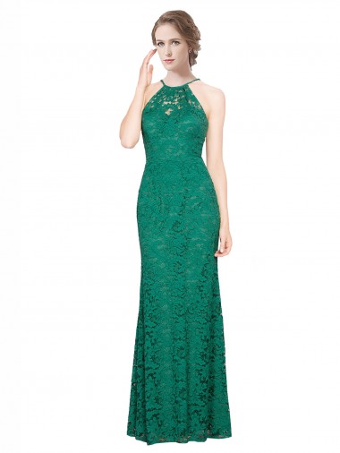Low Back Halter Neck Lace Dark Green Long Prom Dress Canada Shop