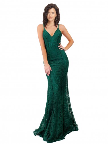 Open Back V-Neck Lace Dark Green Long Prom Dress Canada Shop