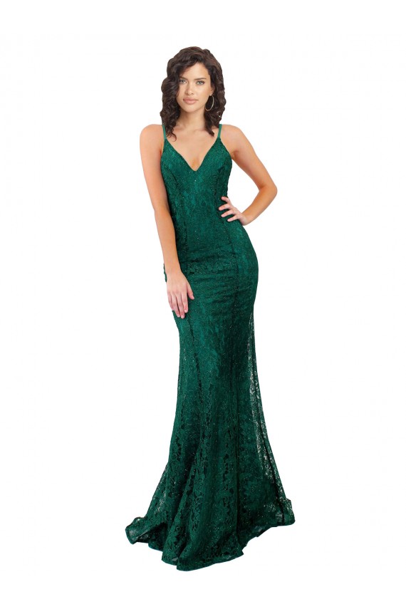 Open Back V-Neck Lace Dark Green Long Prom Dress Canada Shop