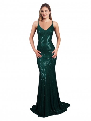 Low Back V-Neck Sequin Dark Green Long Sexy Prom Dress Canada Shop