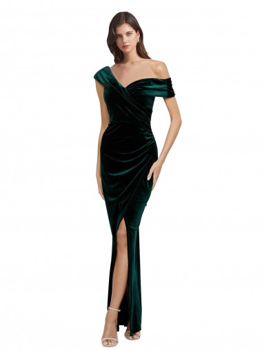 Off the Shoulder Stretch Velvet Dark Green Long Prom Dress Canada Shop