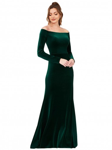 Off the Shoulder Stretch Velvet Dark Green Long Sleeves Long Prom Dress Canada Shop