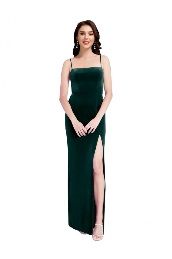 Low Back Spaghetti Straps Stretch Velvet Dark Green Long Prom Dress Canada Shop