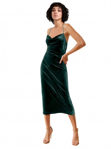 Open Back Spaghetti Straps Stretch Velvet Dark Green Midi Length Prom Dress Canada Shop