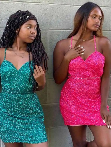 V-Neck Velvet Sequin Dark Green Short Homecoming Dress / Prom Dress Canada Shop